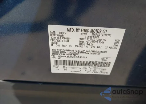 2016 Ford Explorer Xlt из США, поврежденный, VIN 1FM5K8D82GGA93289